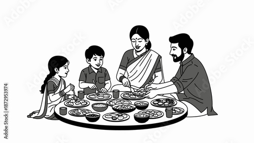 Indian Family Having Traditional Meal Together Illustration