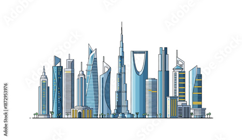 Modern Middle East City Skyline Illustration with Skyscrapers.