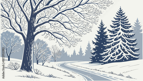 Winter Landscape with SnowCovered Trees and Road Illustration.