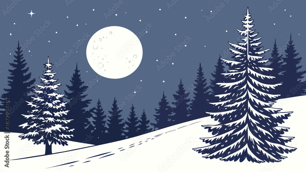 Naklejka premium Winter Night Landscape with SnowCovered Trees and Full Moon.