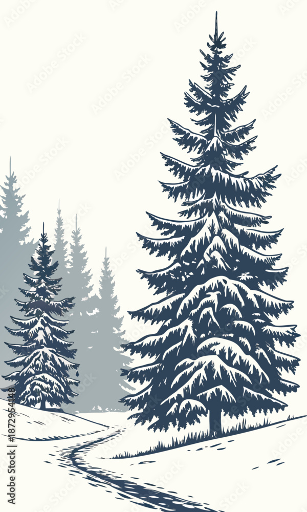 Obraz premium Winter Pine Trees in Snowy Landscape Illustration.