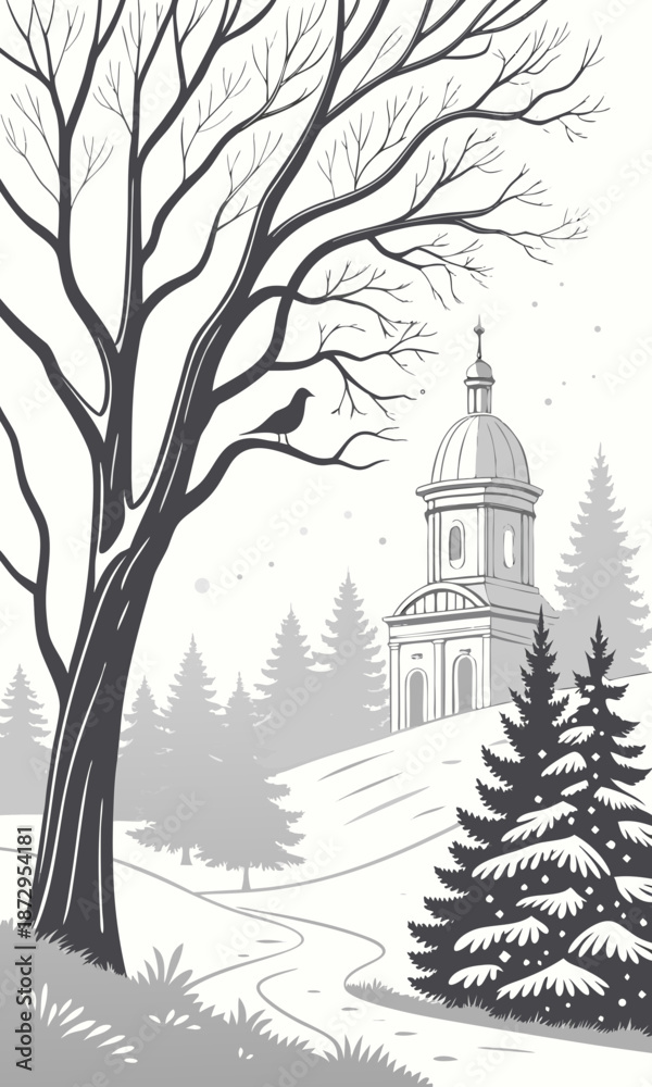 Fototapeta premium Winter Scene with Church and Bare Tree Illustration.