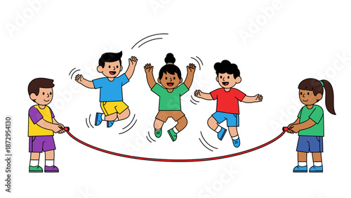 Happy Children Playing Jump Rope Together