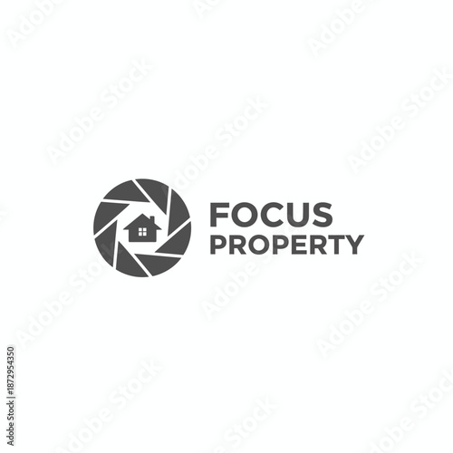 House silhouette inside camera shutter aperture icon for real estate photography or property listing agency logotype named FOCUS PROPERTY.
