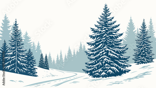 Winter Wonderland Snowy Forest Landscape with Evergreen Trees.