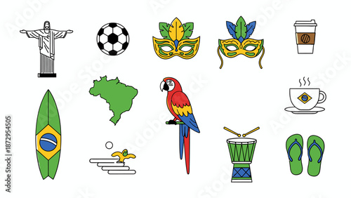 Brazil Cultural Icons and Landmarks Vector Set.