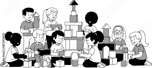 Diverse Group of Children Building with Wooden Blocks.
