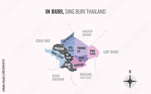Map showing In Buri District Sing Buri Thailand divided into sub districts with minimalist colorful patterns