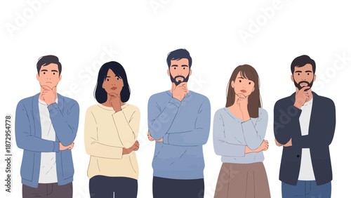 A diverse group of five people standing with thoughtful expressions and hands on their chins, appearing to be in deep contemplation.