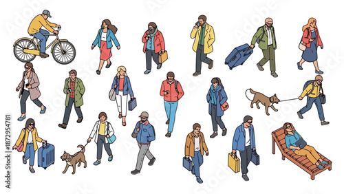 A diverse group of people engaged in various everyday activities, including cycling, walking, and walking dogs, depicted in an isometric illustration style.