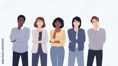 A diverse group of five people standing and thinking with their hands on their chins, looking upwards with questioning expressions.