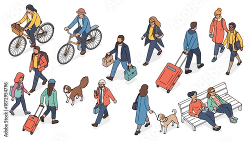 An isometric illustration depicting a diverse group of people engaged in various activities in an urban setting, including cycling, walking with luggage, and relaxing on a bench with pets.