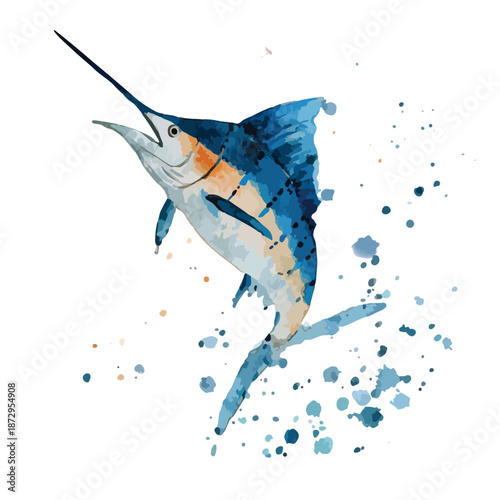 Dynamic Blue Marlin Watercolor Splash Art.