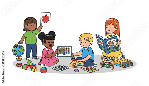 Group of Diverse Children Learning and Playing with Educational Toys.