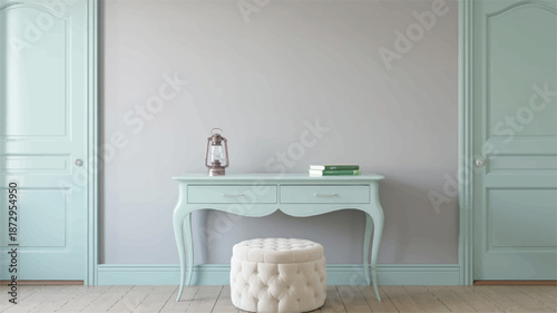 mint green console table with white ottoman and books on light wood floor