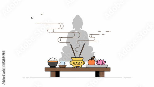 Buddhist Altar with Buddha Silhouette and Offerings Illustration.