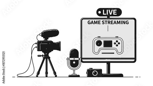 Professional Game Streaming and Live Broadcasting Setup Illustration.