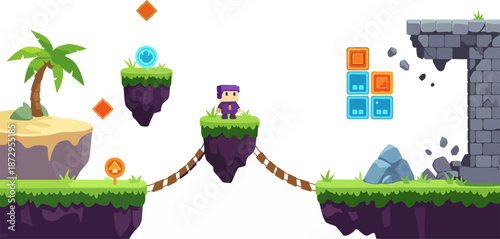 2D Platformer Video Game Level Design with Character and Floating Islands.