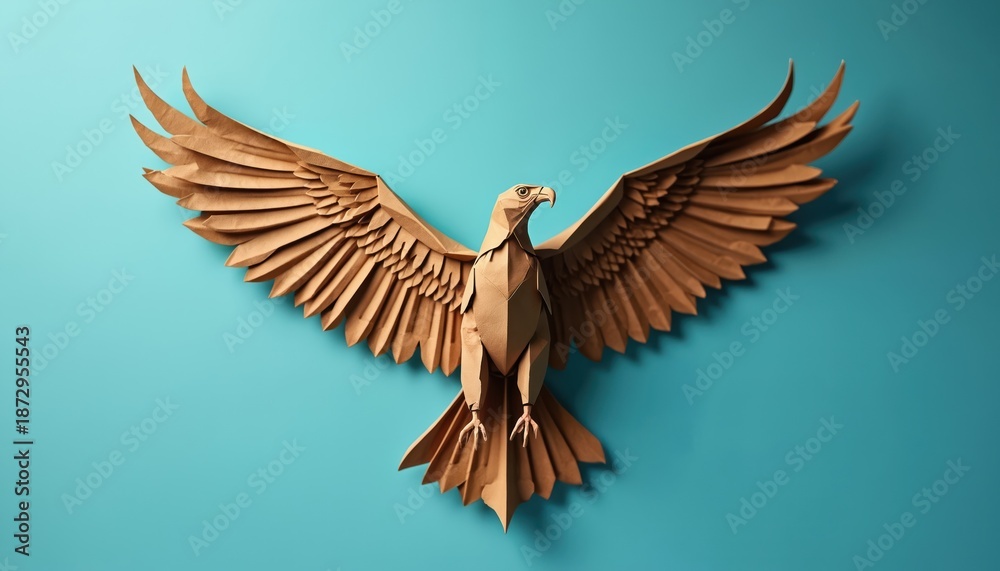 Obraz premium Paper art eagle with spread wings on turquoise background. Origami bird design. Craft artwork of animal figure symbolizes freedom, creativity. Paper folding hobby represents creation, handicraft.
