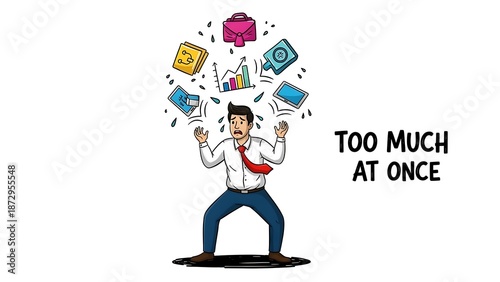 Overwhelmed businessman juggling multiple tasks and stress