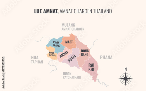 Map showing Lue Amnat District Amnat Charoen Thailand divided into sub districts with minimalist colorful patterns