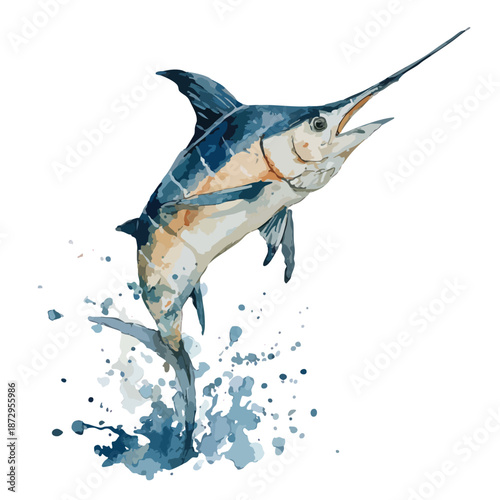 Dynamic Watercolor Marlin Jumping Out of Water Illustration.