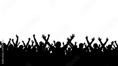 Vector illustration of a black silhouette crowd and group of friends dancing on green grass at a music festival party celebration