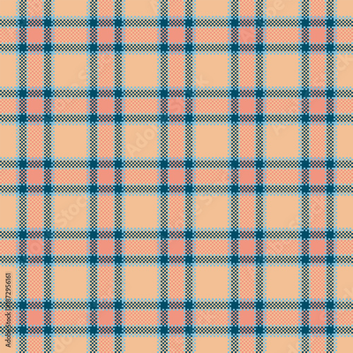 Decorating textile seamless texture, yuletide vector background pattern. Print plaid check fabric tartan in cyan and orange colors.
