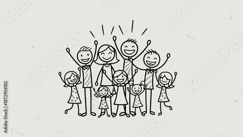 Joyful Gathering: A heartwarming illustration depicts a cheerful family united in happiness, their arms raised in a gesture of shared joy and togetherness.