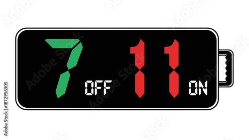 Digital Alarm Clock Displaying 7:11: A close-up view of a digital alarm clock showcasing the time 7:11, with distinct ON and OFF indicators and modern design. 