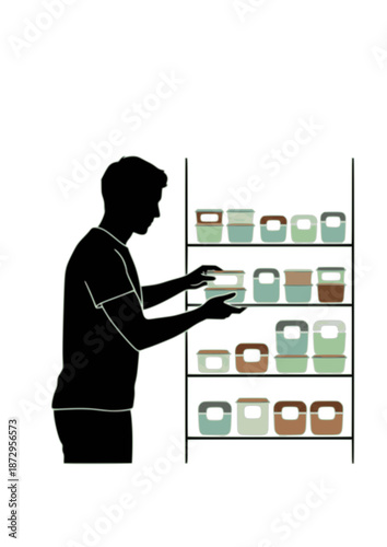 Mycelium Packaging and Zero Waste Pantry Silhouette. Person Organizing Sustainable Food Pods for 2026 Plastic Free Living Concept Vector.