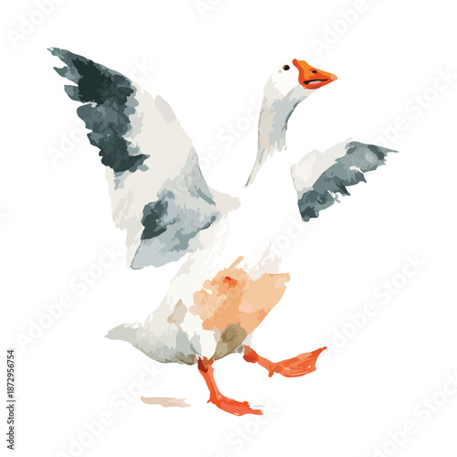 Dynamic White Goose Spreading Wings Watercolor Art.
