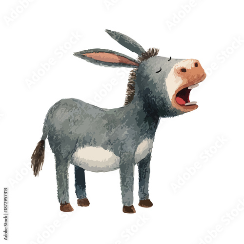 Expressive Cartoon Donkey Braying Loudly Isolated Farm Animal.