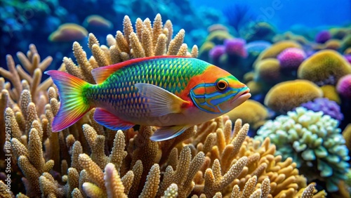 A vibrantly colored marine creature navigates through a detailed underwater reef ecosystem showcasing diverse coral formations and the subtle play of aquatic light