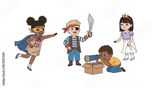 Diverse Children Playing in Imaginative Costumes Illustration