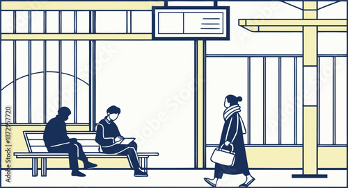 Minimalist vector illustration of commuters at a train station platform with people sitting on a bench and a woman walking while carrying a handbag