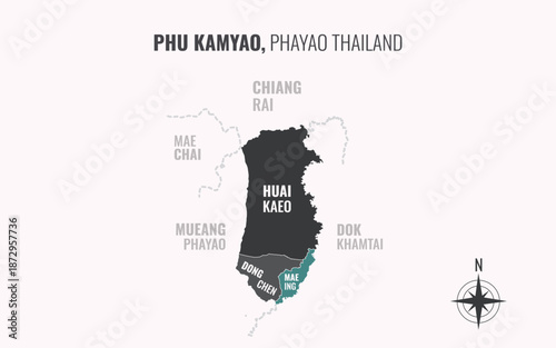 Map showing Phu Kamyao District Phayao Thailand divided into sub districts with minimalist colorful patterns