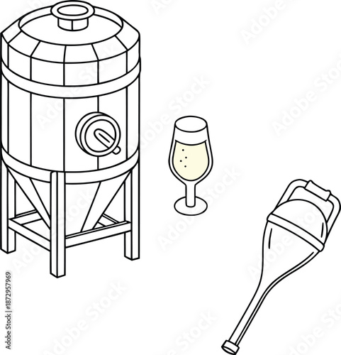 Craft brewery equipment and beer tasting illustration featuring a fermentation tank a glass of sparkling ale and a handheld CO2 tester tool