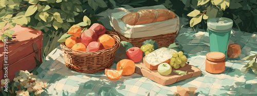 A delightful outdoor picnic spread featuring a basket brimming with fresh fruits, a crusty loaf of bread, and a refreshing beverage, set amidst lush greenery