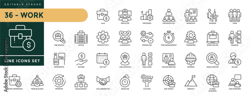 A collection of Work icons set with editable stroke, including employee, candidate, pay day, organization, worker, team, head hunting, worker, salary, meeting, mission. Thin linear vector illustration