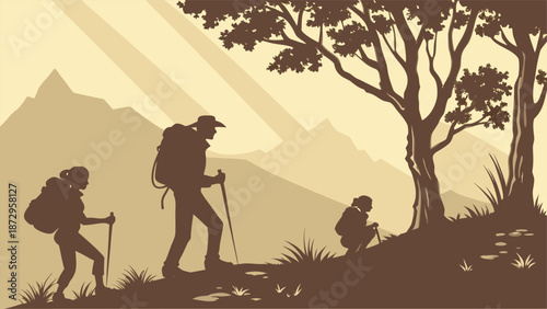 ilhouette of a group of hikers with backpacks trekking through a mountain forest at sunrise representing outdoor adventure and nature exploration