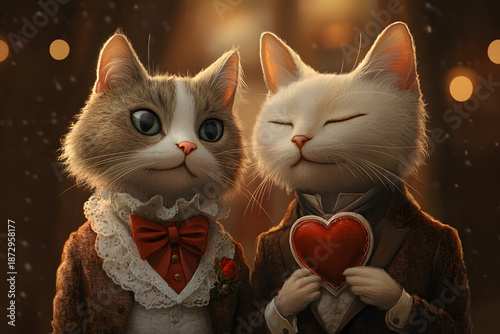 Romantic gay couple cats with Heart. Valentine's Day greeting
