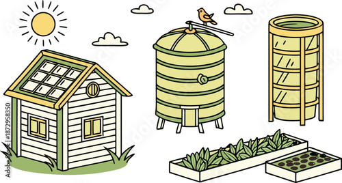 Eco friendly smart home and sustainable living illustration with solar panels on roof water tank birdhouse and home garden for green building concepts