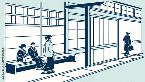Minimalist vector illustration of commuters at a train station platform featuring people sitting on a bench and a woman walking in a clean graphic line art style