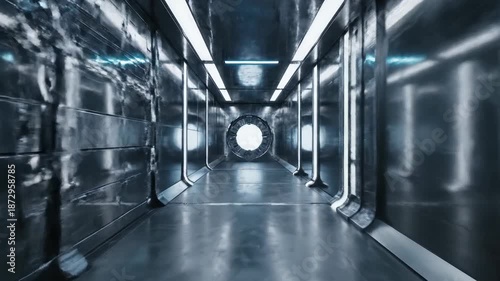 Futuristic corridor perspective metallic interior with bright linear lighting