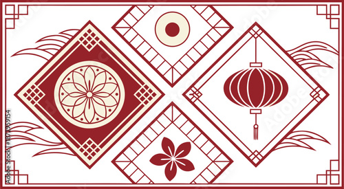 Lunar New Year decorative background with traditional Chinese lantern floral motifs and geometric diamond frames in a classic red and white graphic style