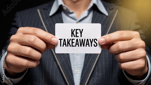 A professional in a suit is holding a white card with the words key takeaways displayed prominently presenting a concept