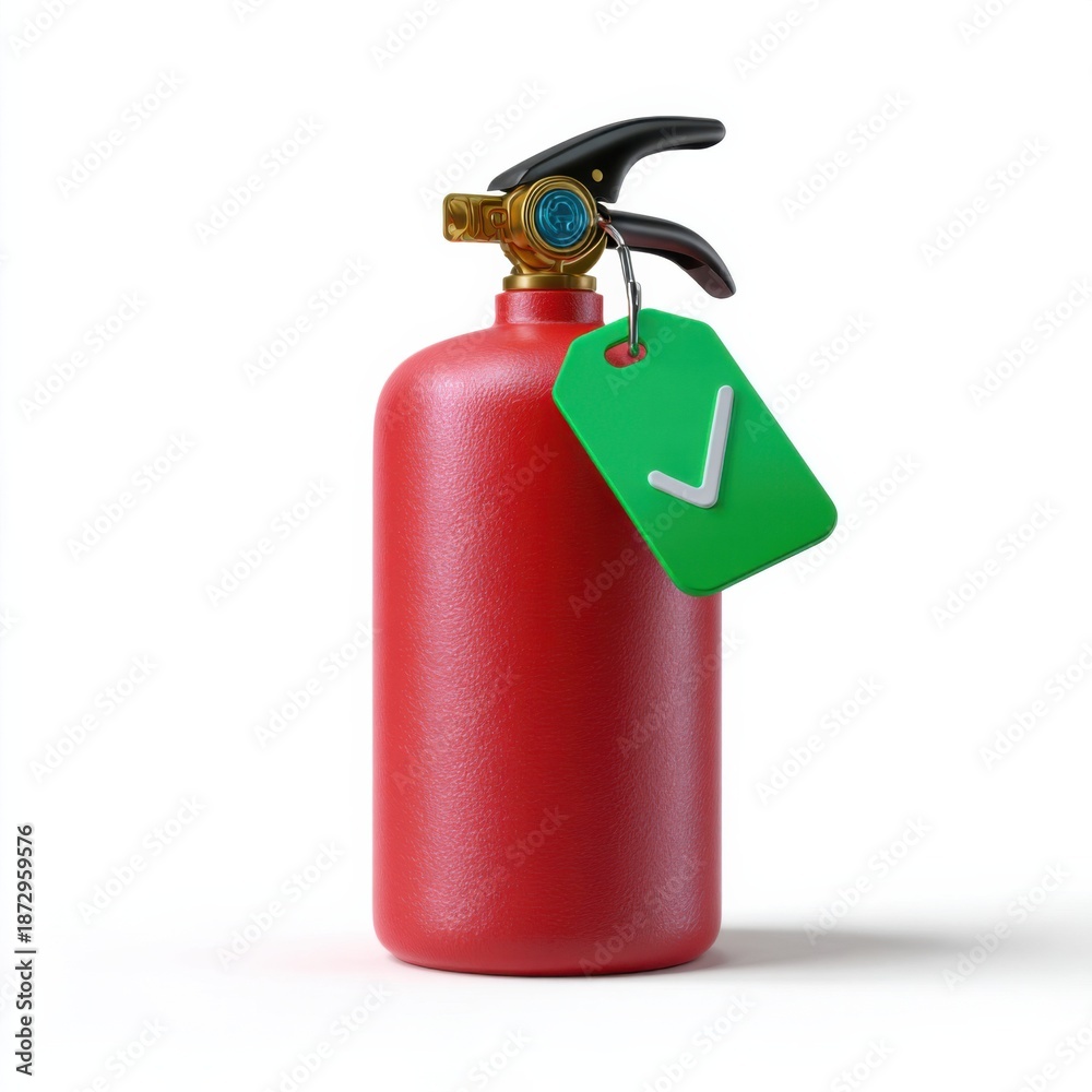 Obraz premium Bright red fire extinguisher with green check tag for safety assurance