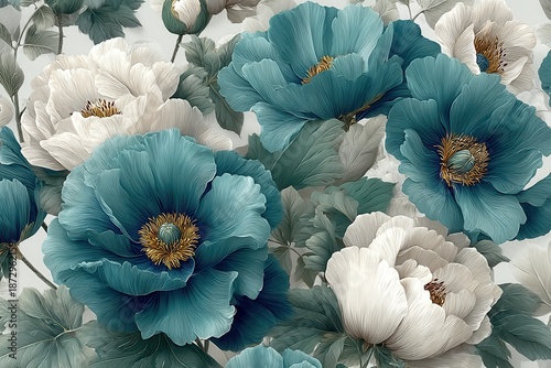 Teal blue and gray floral pattern with large petal flowers and soft white blooms for decor