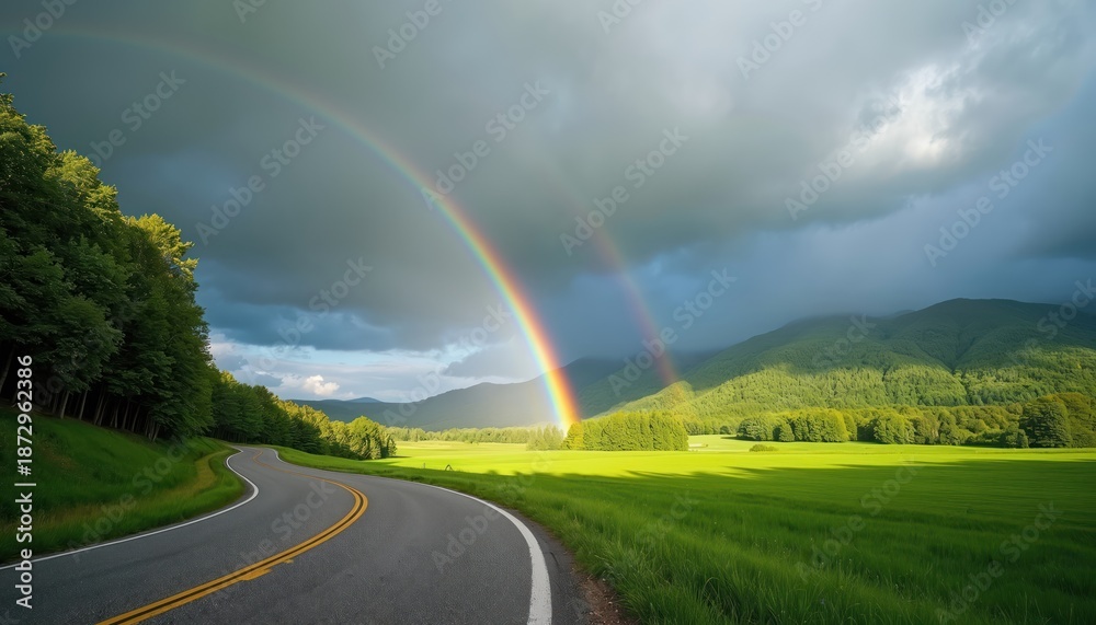 Obraz premium Scenic view of a road leading toward rainbow over green field and mountains. Dramatic sky with clouds. Nature scene after rain. Sunlight creates a beautiful landscape.